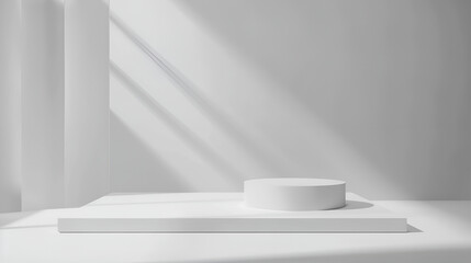 Empty room in white colors with shadows on the wall Minimal Podium for Product Presentation.
