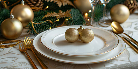 Christmas table setting with white plates, golden cutlery and Christmas decorations on black background.