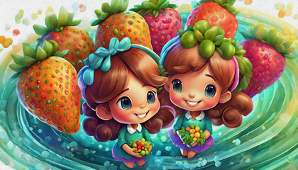 oil painting style CARTOON CHARACTER CUTE E women with long red hear HOLDS delicious ripe strawberries,