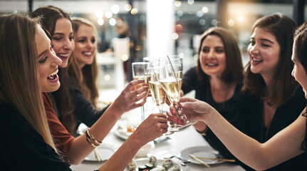 Group, women and champagne for toast in restaurant for dinner party, celebration and sushi with lens flare. Friends, cheers and happy by table with alcohol glass, girls night and seafood for congrats - obrazy, fototapety, plakaty