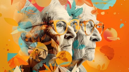 A vibrant, artistic portrait of an elderly couple with colorful abstract elements