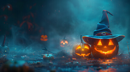 A chilling Halloween night with glowing jack-o-lanterns and a witchs hat. set against a smoky - obrazy, fototapety, plakaty