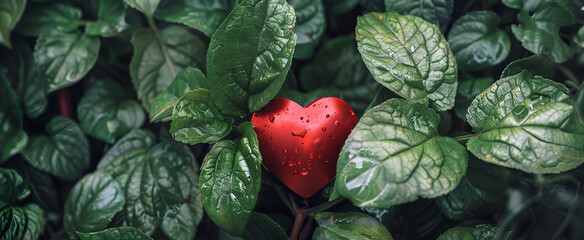  A red heart is surrounded by green leaves.