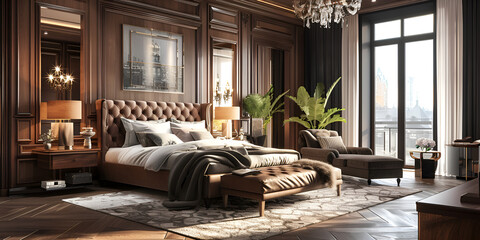 Modern bedroom interior design with gray walls, wooden floor, comfortable king size bed with two pillows.