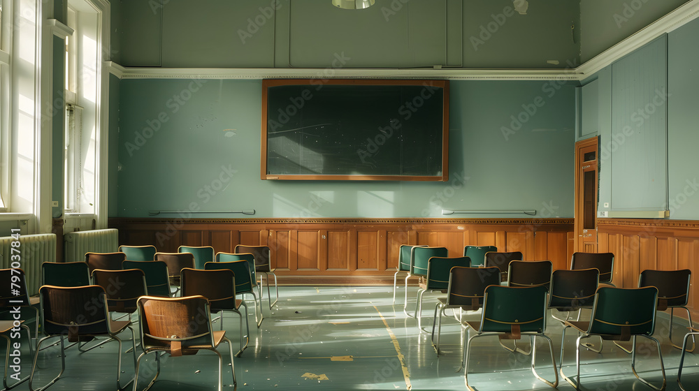 Poster a classroom with chairs and desks arranged in rows. featuring an empty blackboard on the wall above 