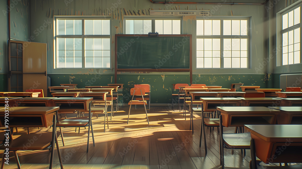 Aufkleber a classroom with chairs and desks arranged in rows. featuring an empty blackboard on the wall above 