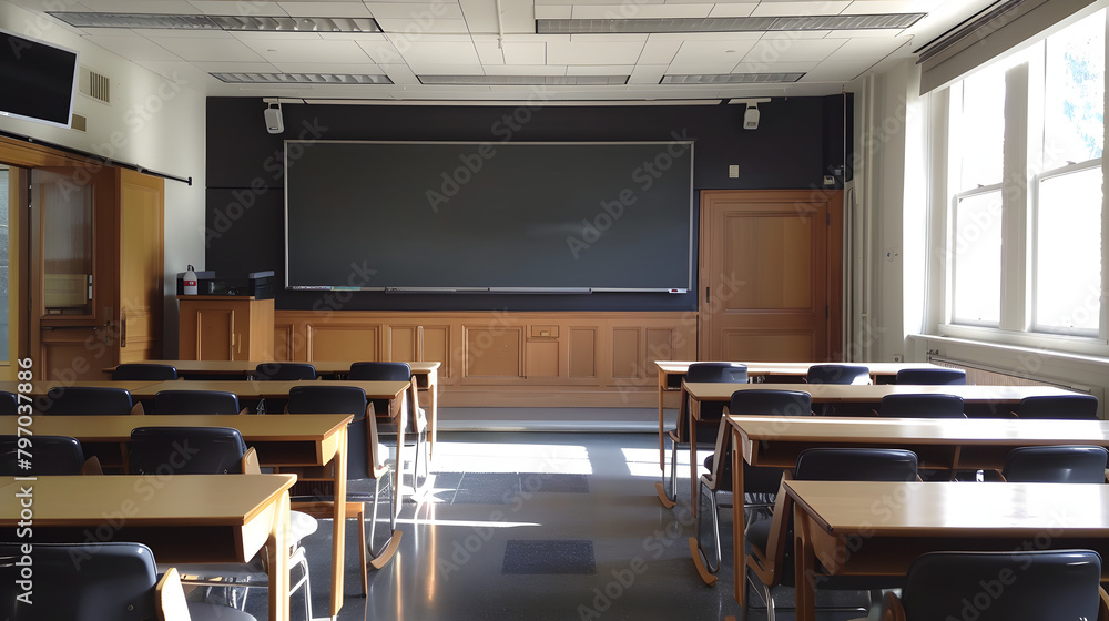 Poster a classroom with chairs and desks arranged in rows. featuring an empty blackboard on the wall above 