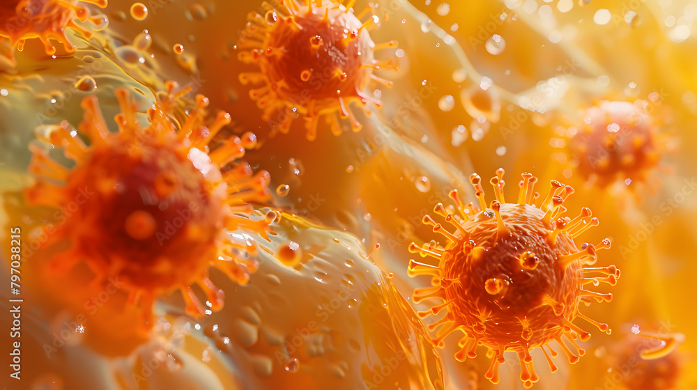 Poster a close inspection of viral cell arrangements on an orange surface. with several cells in the epicen