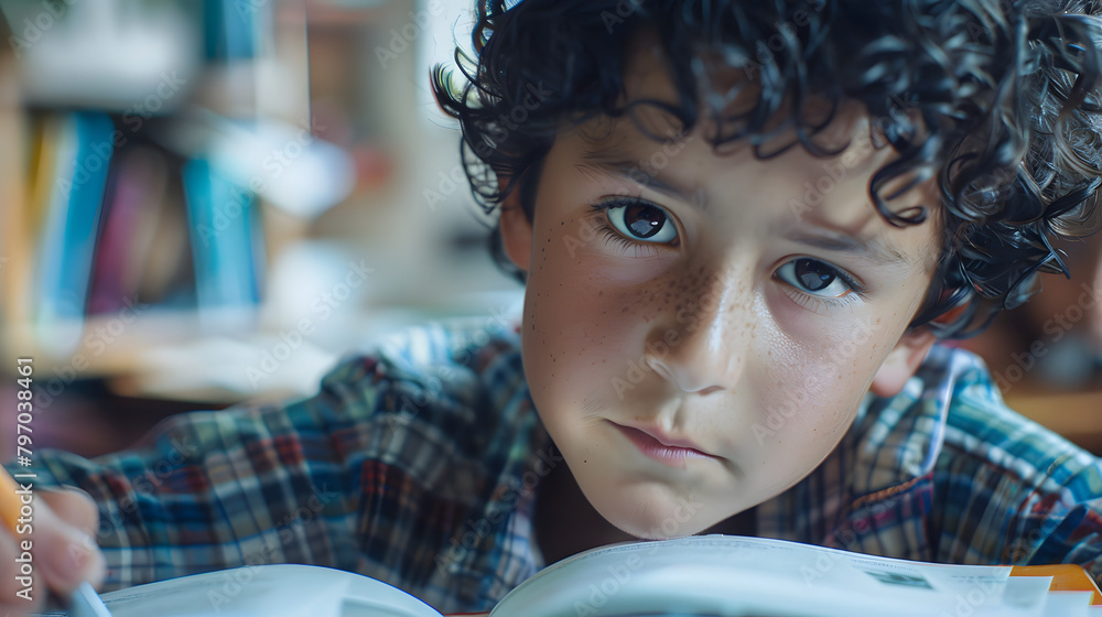 Poster a close-up portrait of a focused boy studying in a classroom setting