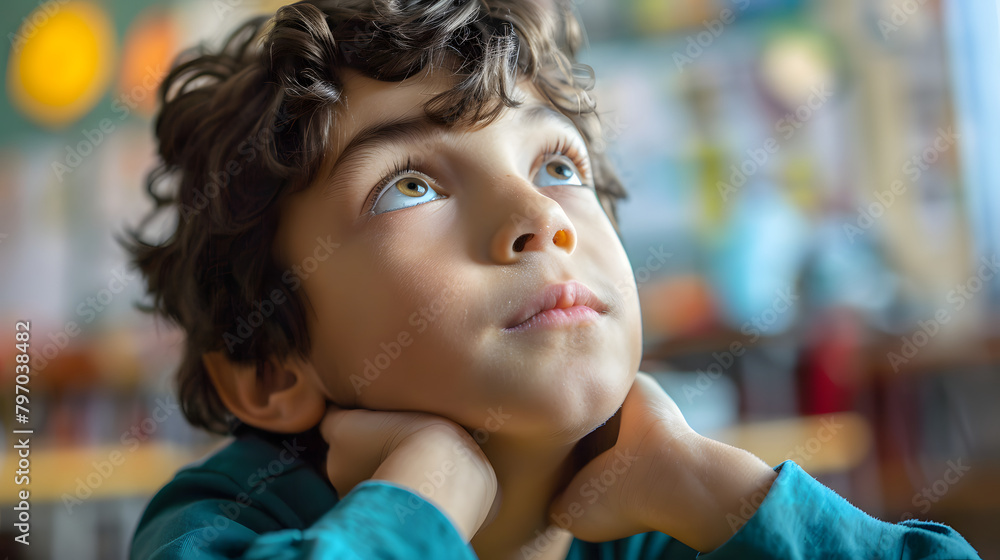 Poster a close-up portrait of a focused boy studying in a classroom setting