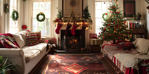 a traditional fireplace with stockings, garlands, and candles in a warm and cozy setting.