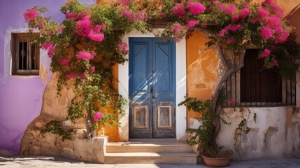 Fototapeta na wymiar Quaint Mediterranean doorway surrounded by vibrant bougainvillea and aged stone walls