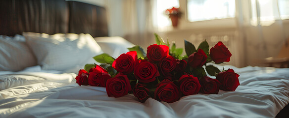 a bouquet of red roses on someone's bed.