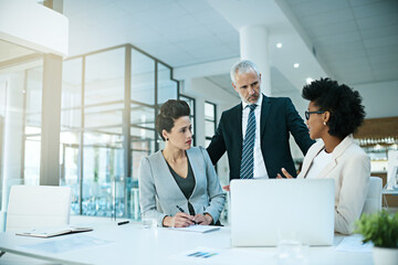 Meeting, laptop and group in training with leader, planning or business people brainstorming in office. Team mentor, ceo and computer for coaching in internship, teaching or analyst learning about us