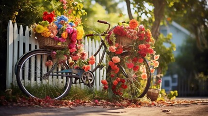 Fototapeta na wymiar Vintage bicycle adorned with colorful flowers leaning against a white picket fence on a sunny day