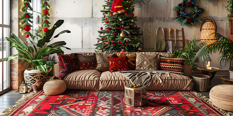 Christmas living room interior with Christmas tree and presents. 