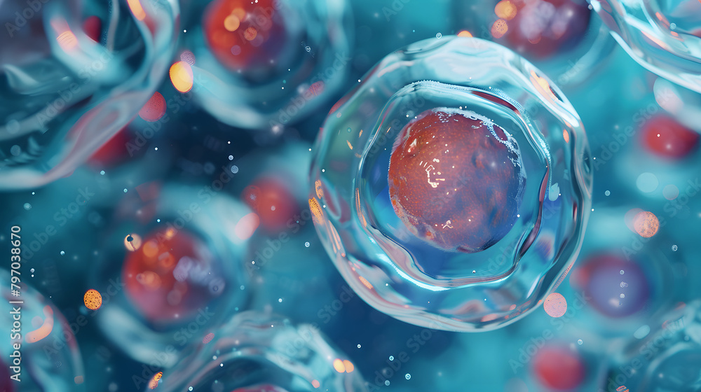 Poster a closeup of cells in a human cell line. with one large cell surrounded by smaller cells