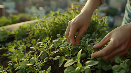 Naklejka na ściany i meble A closeup capture of hands positioning oregano plants in an upper-level garden. with plant growth and city buildings discernible in the distance. 