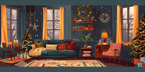 living room with a Christmas tree at night Living room interior with furniture, sofa, armchair and plants Flat style vector illustration.