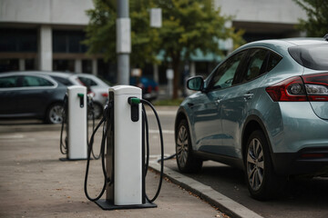 Charging electric vehicles in the city.Modern construction in the city center.