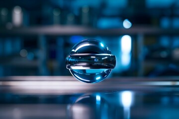Fototapeta premium Magnetic superconductor uses levitation effect to suspend halo sphere in midair. Concept Levitation, Superconductors, Magnetic Field, Innovation, Technology