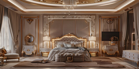 design of a modern expensive hotel room in light colors with white linens, gold fittings and lamps.