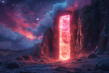 3d illustration of magic neon portal in a peak of foggy mountain.
