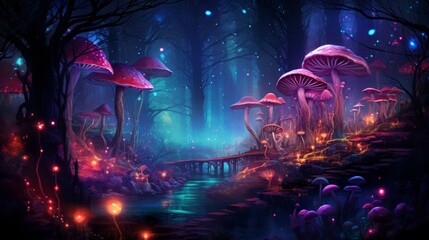 Enchanted forest with luminescent mushrooms and mystical atmosphere