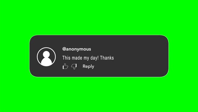 Animation of a positive comment on social media. Anonymous user commenting &bdquo;This made my day! Thanks&ldquo; underneath a video.