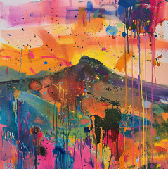 a colorful, very expressive painting of camelback mountain at sunset, lots of layers, drips, splatter, pinks, oranges, yellows