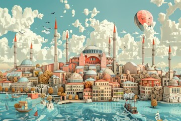 Landscape of Istanbul, Turkey - mosque, bosphorus, Surrealism style