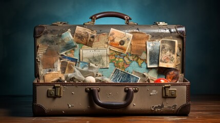 Vintage leather suitcase with faded travel stickers on a grungy background depicting years of adventures