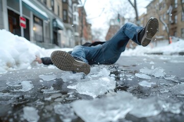 Man Slipped on Icy Sidewalk in City, Highlighting Hazards of Falling. Concept Slipping Hazard, Winter Injuries, Urban Safety Measures, Injury Prevention, City Sidewalks