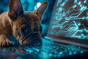 Cyber watchdog protecting digital network with cute and vigilant demeanor. Concept Cybersecurity, Watchdog, Digital Protection, Online Safety, Vigilant Companion
