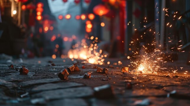 Close-up view of firecrackers exploding in old street to celebrate Chinese lunar new year.