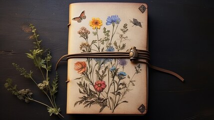 Elegant leather-bound journal with embossed bird and floral design on rustic table