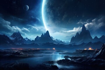Moon in sky horizon night landscape astronomy. - obrazy, fototapety, plakaty