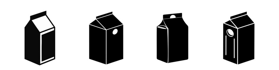 Set of Black silhouettes of milk cartons or juice cartons. Minimalist black and white design of dairy or beverage containers. Icon, logo, sign, pictogram, print. Isolated on white background. Packing