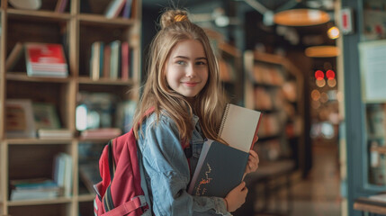 Smiling Teenage Girl With Backpack Studying Indoors, Back To School Concept, Perfect For Education And Learning Materials
