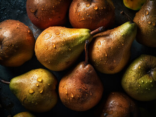 A bunch of green pears with water droplets on them. The pears are arranged in a row and are surrounded by leaves - Powered by Adobe