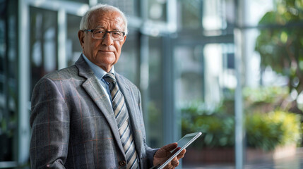 Elderly Businessman Using Tablet Computer In Office, Portrait Of Mature And Successful Senior Man, For Corporate And Business Use