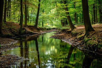 A tranquil stream winding through a peaceful forest, reflecting the surrounding trees.