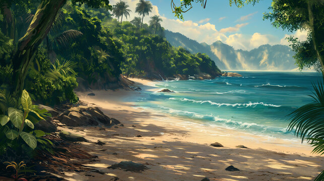 Serene Tropical Beach With Waves Caressing Sandy Shores