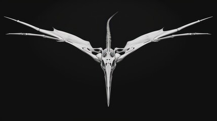 Skeleton of a flying dinosaur, Pterodactyl, over black background. Photorealistic.