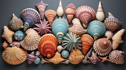 Vibrant collection of various seashells beautifully arranged on a dark background, showcasing natural diversity and color - obrazy, fototapety, plakaty