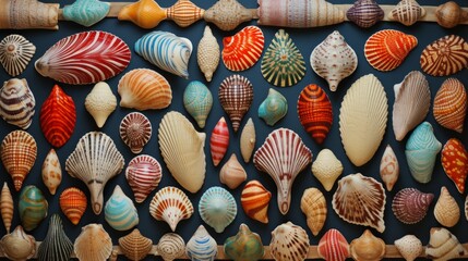 Vibrant collection of various seashells beautifully arranged on a dark background, showcasing natural diversity and color - obrazy, fototapety, plakaty