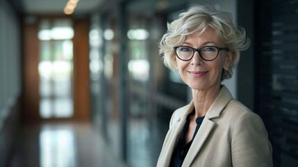 Smiling Senior Businesswoman Walking In Office Hallway During Break, Portrait Of Successful Mature Executive, Corporate Career Woman