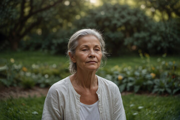 An elderly woman meditates in a quiet garden. Meditation and peace in old age.