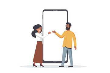 Indian couple's joy radiates as they center around a large, blank smartphone screen