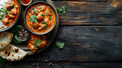 Obraz na płótnie Canvas Spicy chicken tikka masala in bowl on rustic wooden background, With rice, indian naan butter bread, spices, herbs, Space for text, Traditional Indian/British dish, Top view, Indian food, Copy space